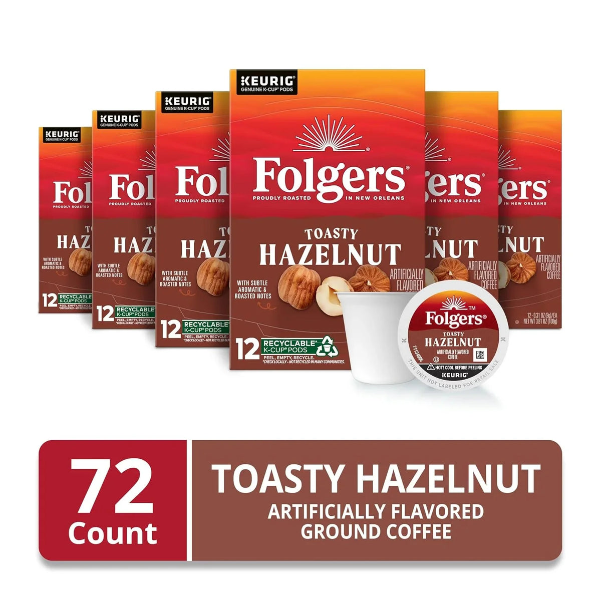 Folgers Toasty Hazelnut Flavored Coffee, 72 Keurig K-Cup Pods