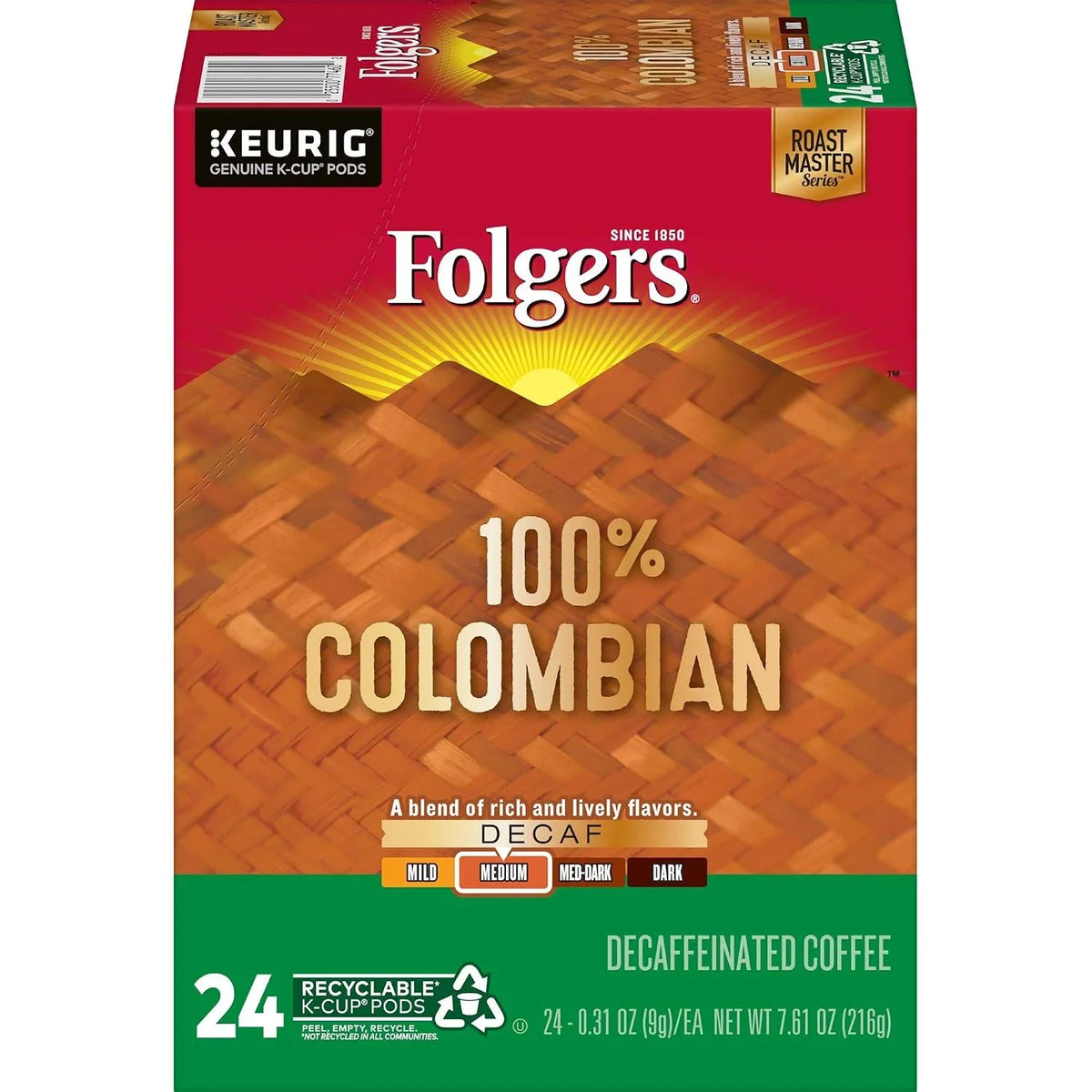Folgers 100% Colombian Decaf Medium Roast Coffee, 96 Keurig K-Cup Pods
