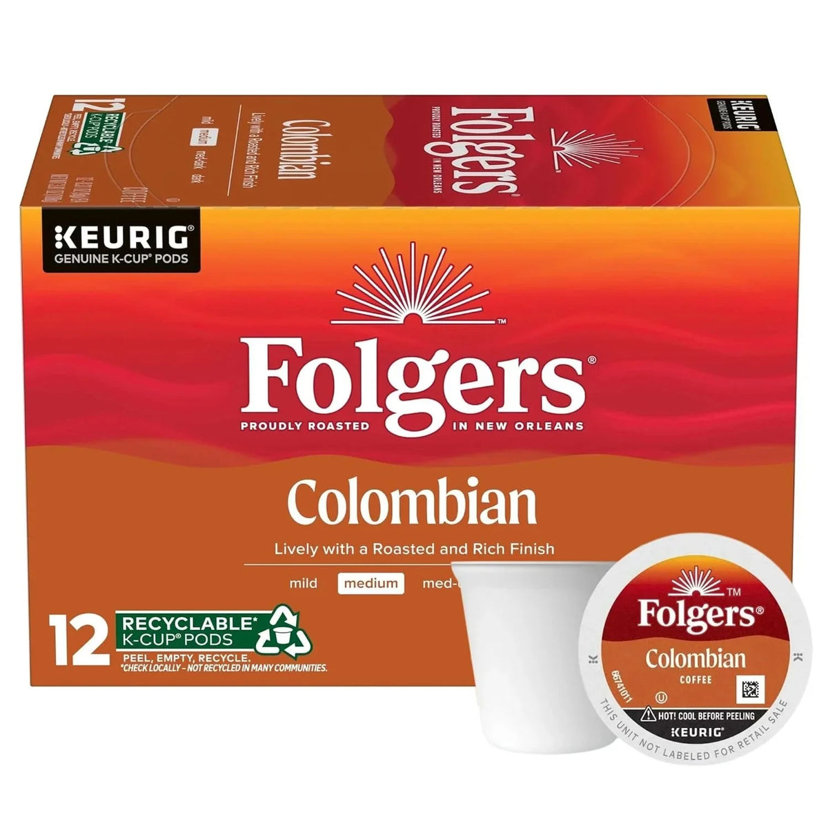 Folgers K Cups 100% Colombian Coffee for Keurig Makers, Medium Roast, 72 Count