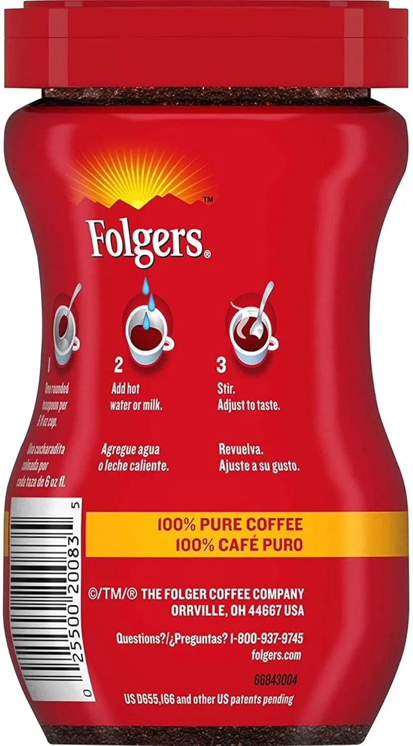 Folgers 20083 Classic Roast Instant Coffee Crystals, 3 Ounces, 100% Pure Coffee, Medium Roast, Easy-open Flip Top Lid, Portable Plastic Jar, Pack of 24